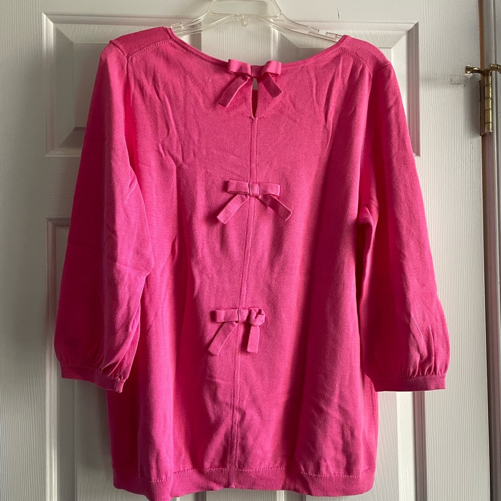 Talbots pink cotton blend, bow trim top, elbow sleeves,  Size 1X